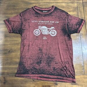Levis Mens Graphic T-Shirt Large Burgundy Black Acid Wash Motorcycle Biker Tee